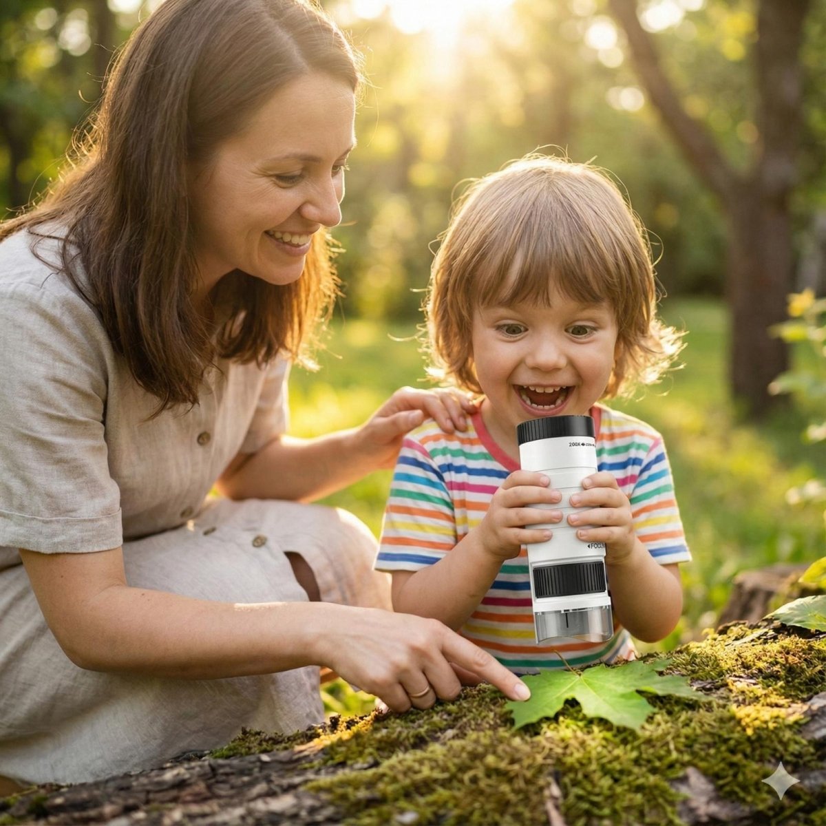 A young boy with a joyful, excited expression looks through a white Kouvr handheld microscope at a green leaf held by his smiling mother in a sunny park.