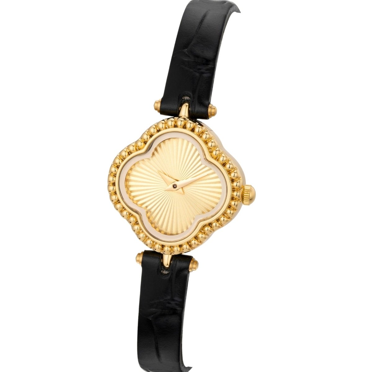 Gold Kouvr watch with black strap on a white background