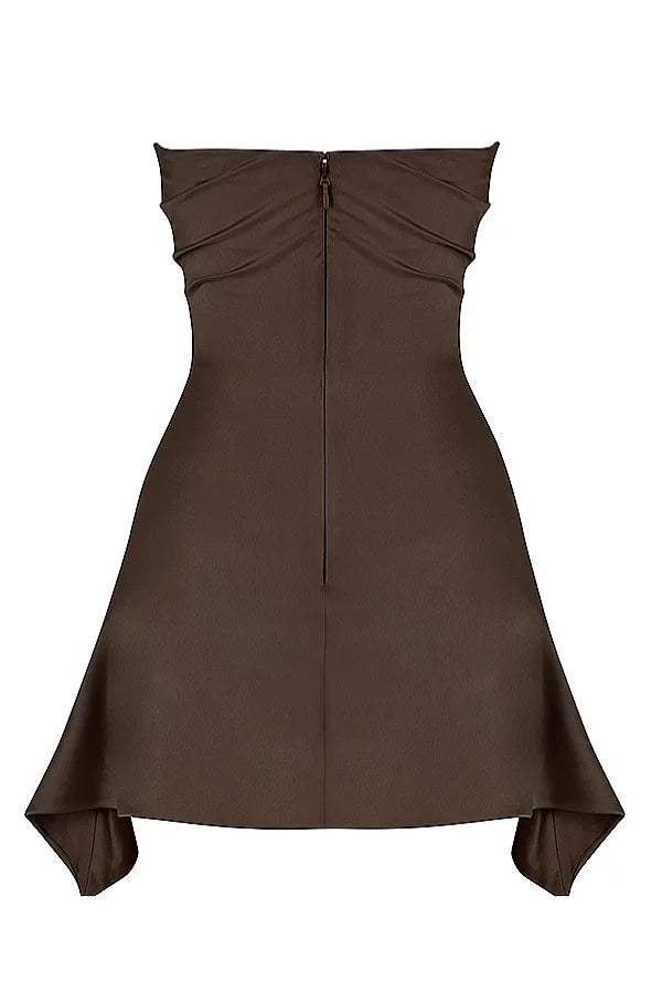 sculptural hem," "bandeau bodice," "asymmetrical party dress," "evening wear