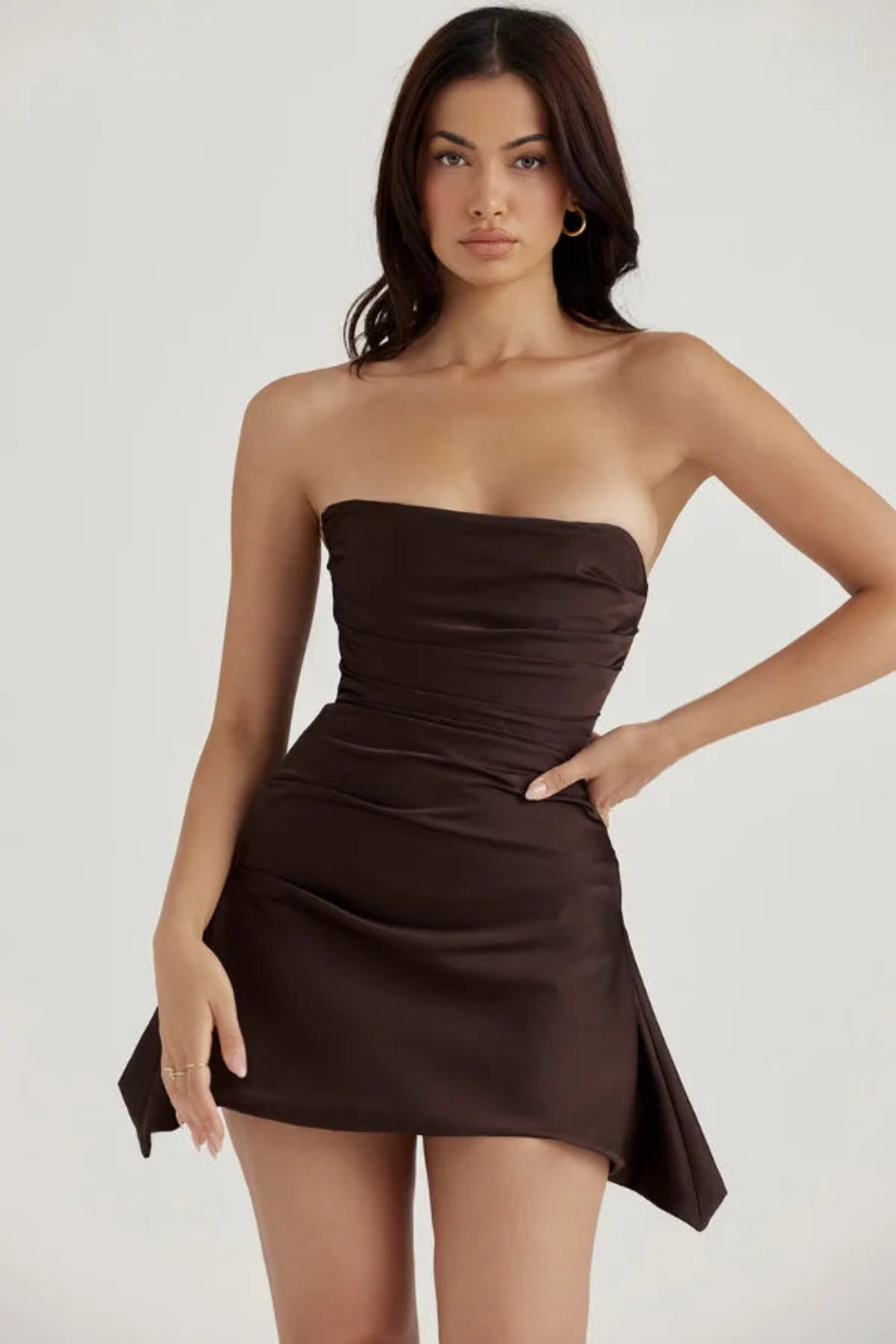 sculptural hem," "bandeau bodice," "asymmetrical party dress," "evening wear