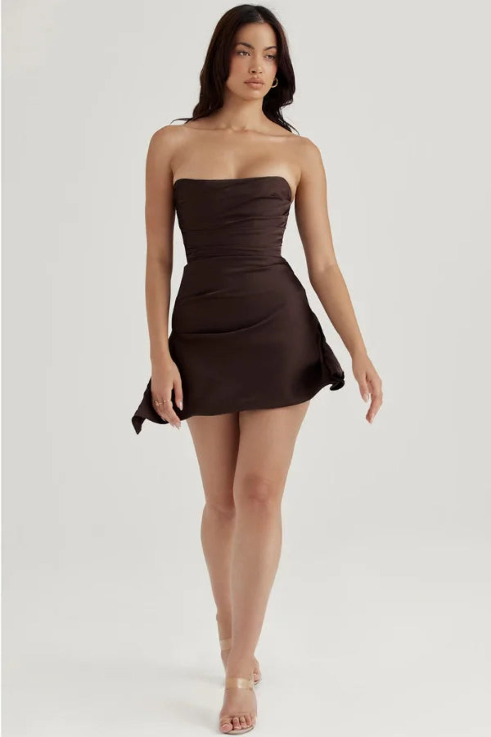 sculptural hem," "bandeau bodice," "asymmetrical party dress," "evening wear