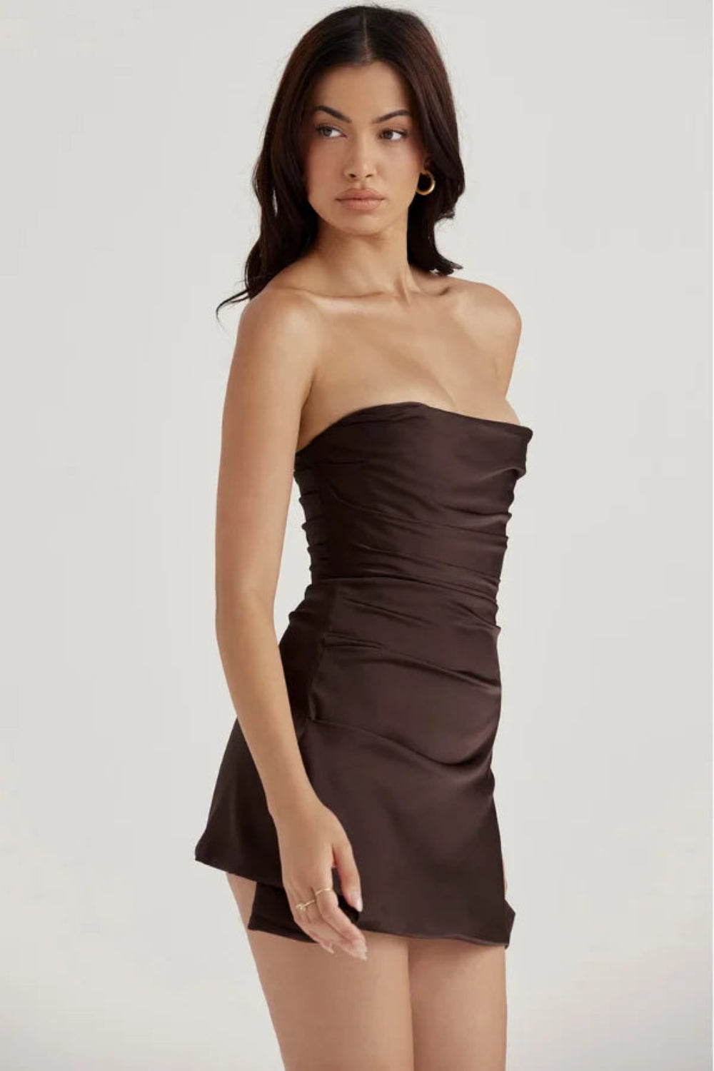 sculptural hem," "bandeau bodice," "asymmetrical party dress," "evening wear