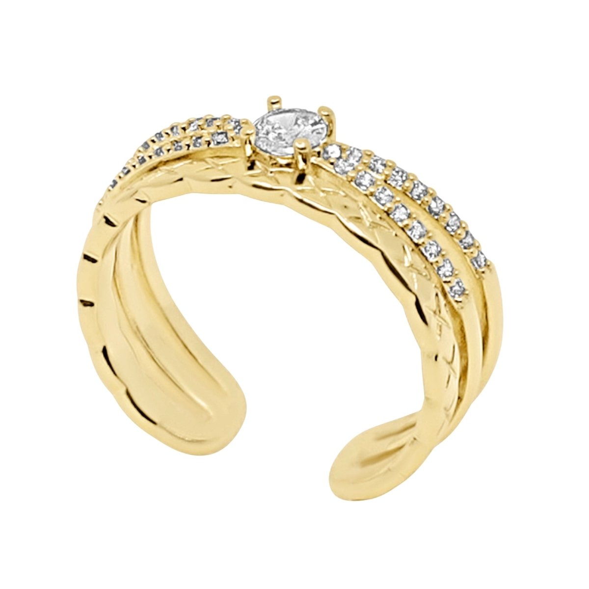 Gold kouvr ring with diamond accents on a white background