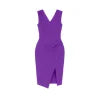 Model wearing the Kouvr Clara draped sheath dress in majestic orchid purple for a formal event