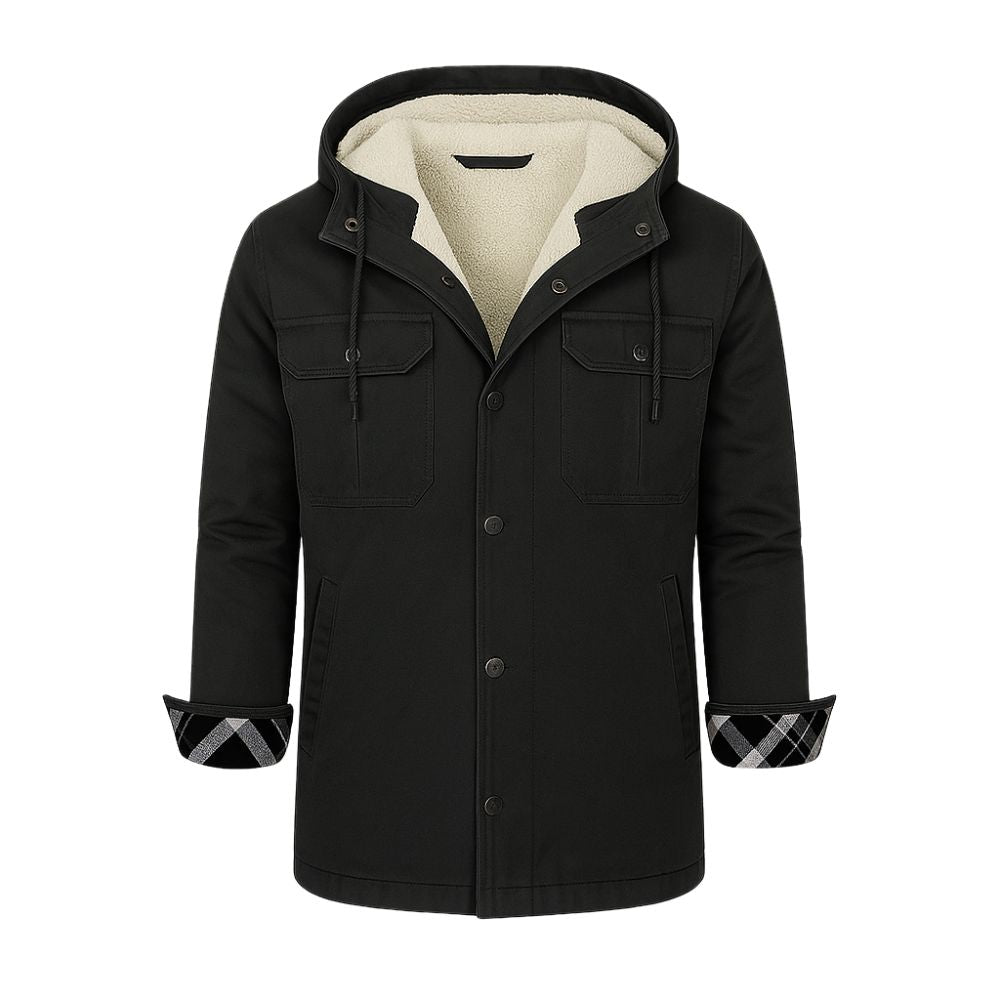 Black kouvr coat with plaid cuffs on a white background