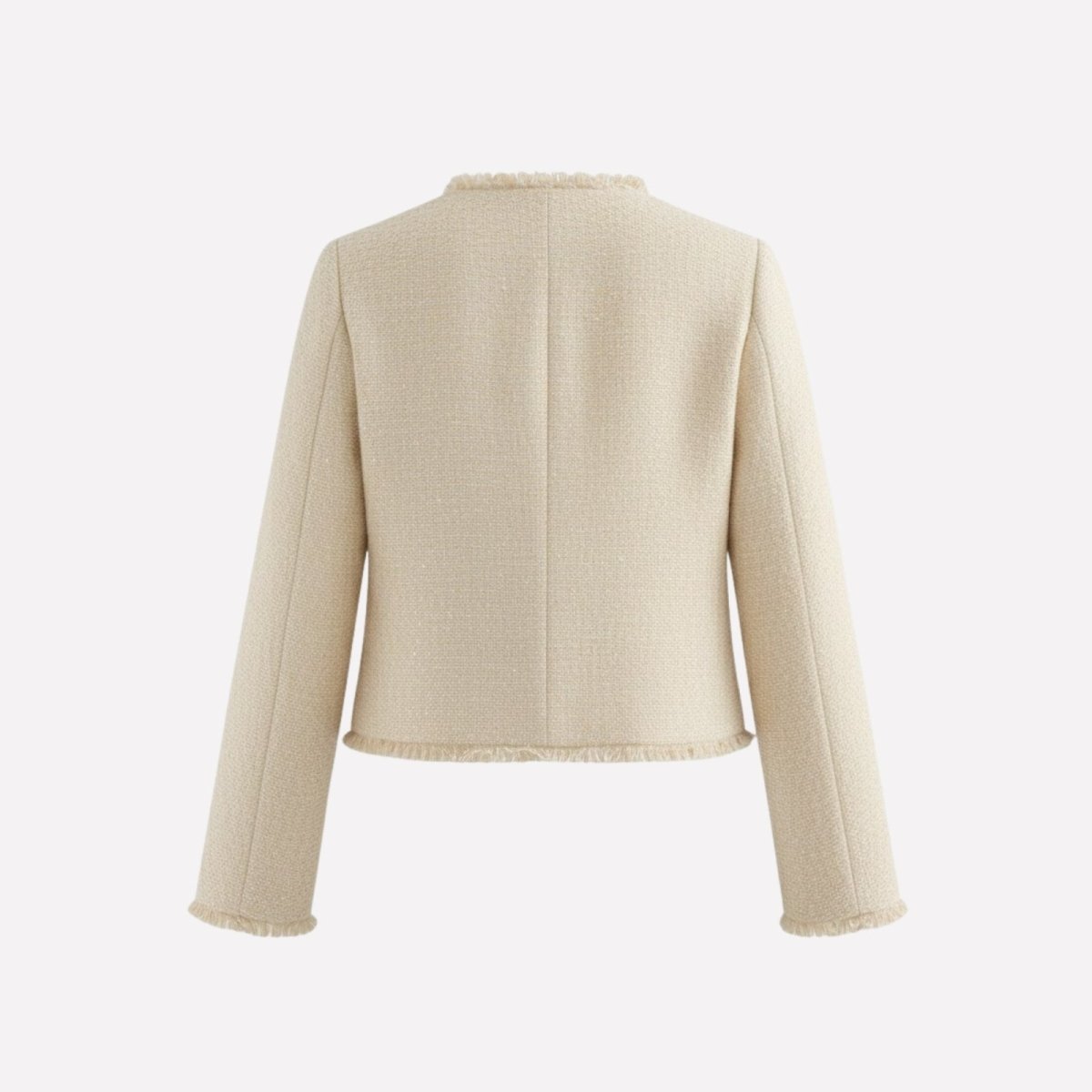 Flat lay back view of the Kouvr beige boucle tweed jacket, showing the jacket's construction and simple, elegant design.