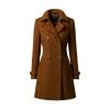 Product flat-lay image of the Kouvr double-breasted caramel trench coat, showing the texture of the wool and button details.