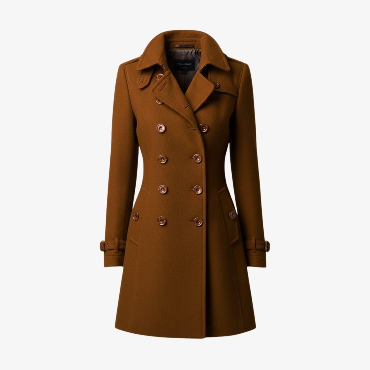 Product flat-lay image of the Kouvr double-breasted caramel trench coat, showing the texture of the wool and button details.
