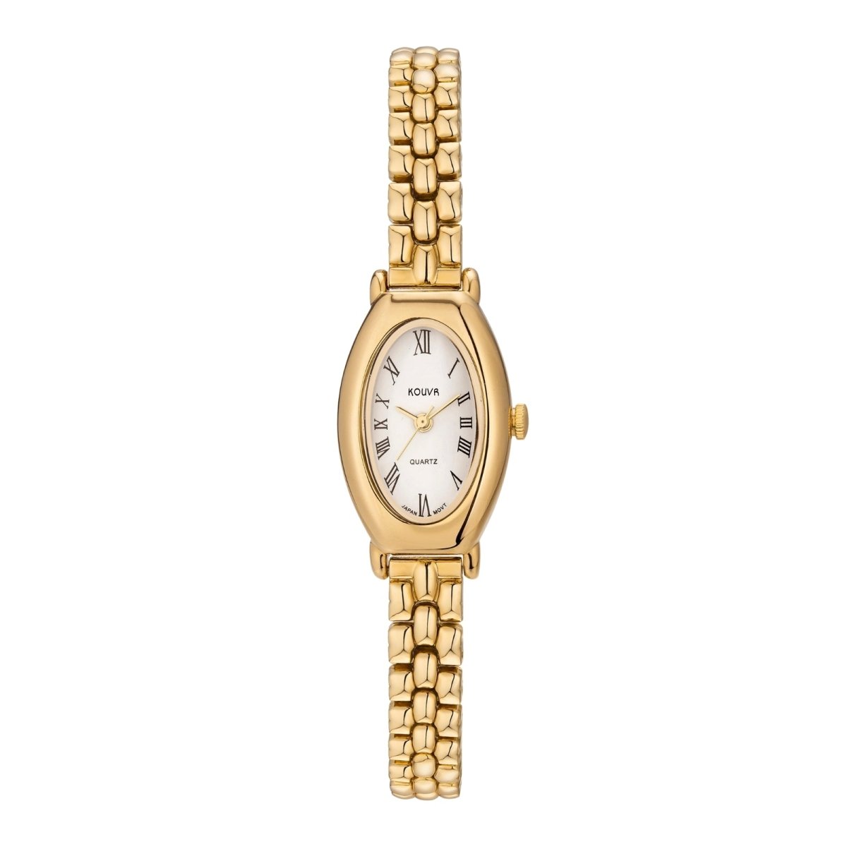 Gold watch with a white face on a white background