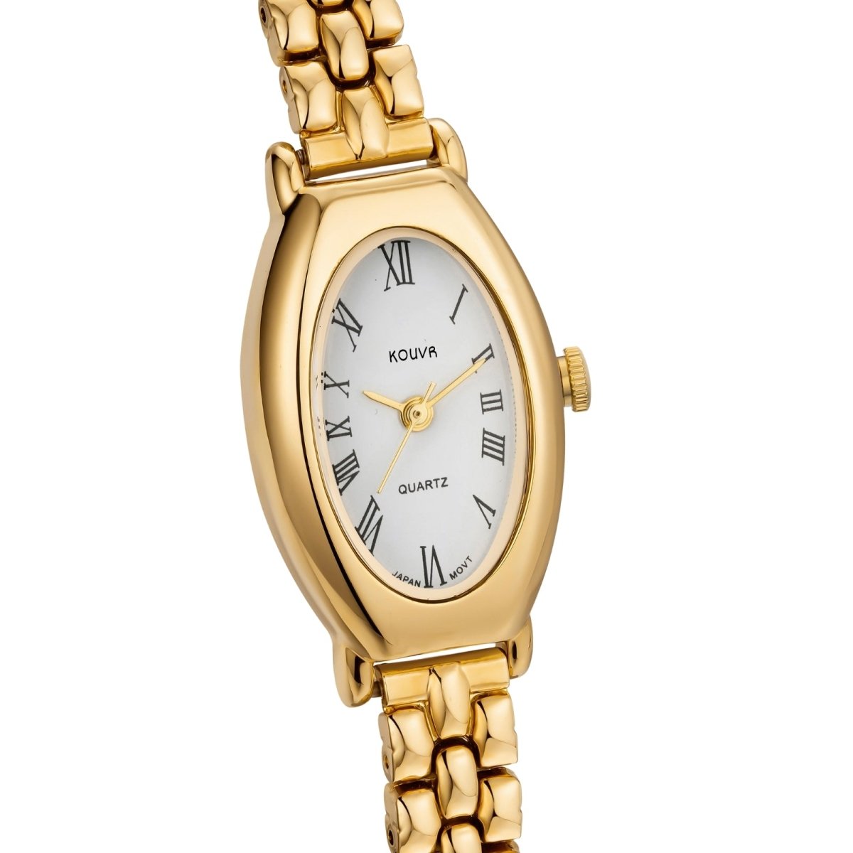 Gold watch with a white face and Roman numerals on a white background