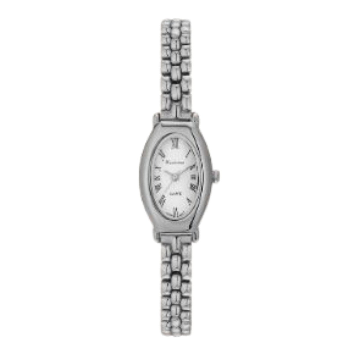 Silver watch with a white face on a white background