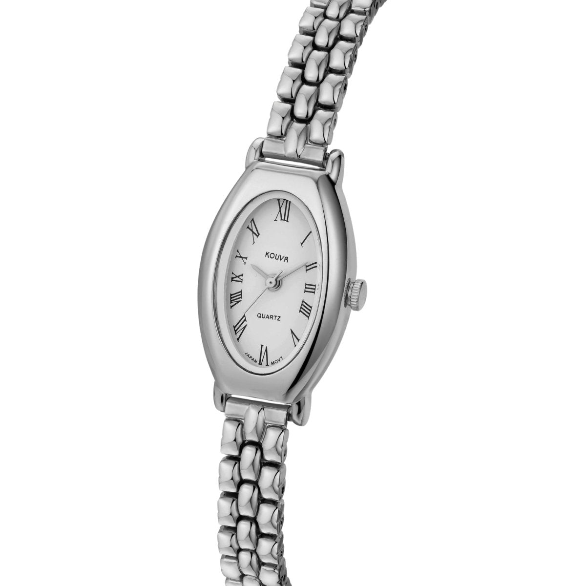 Silver watch with chain strap on a white background