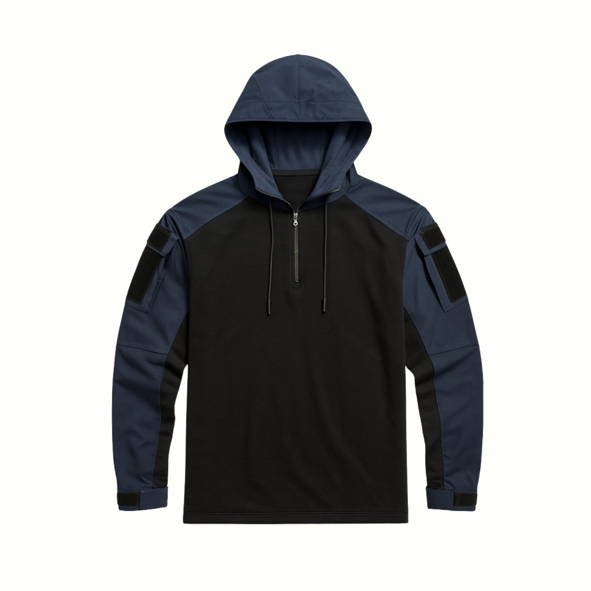 Flat lay studio shot of the Kouvr Clint quarter-zip tactical hoodie in dark blue, showing the front details and drawstrings.