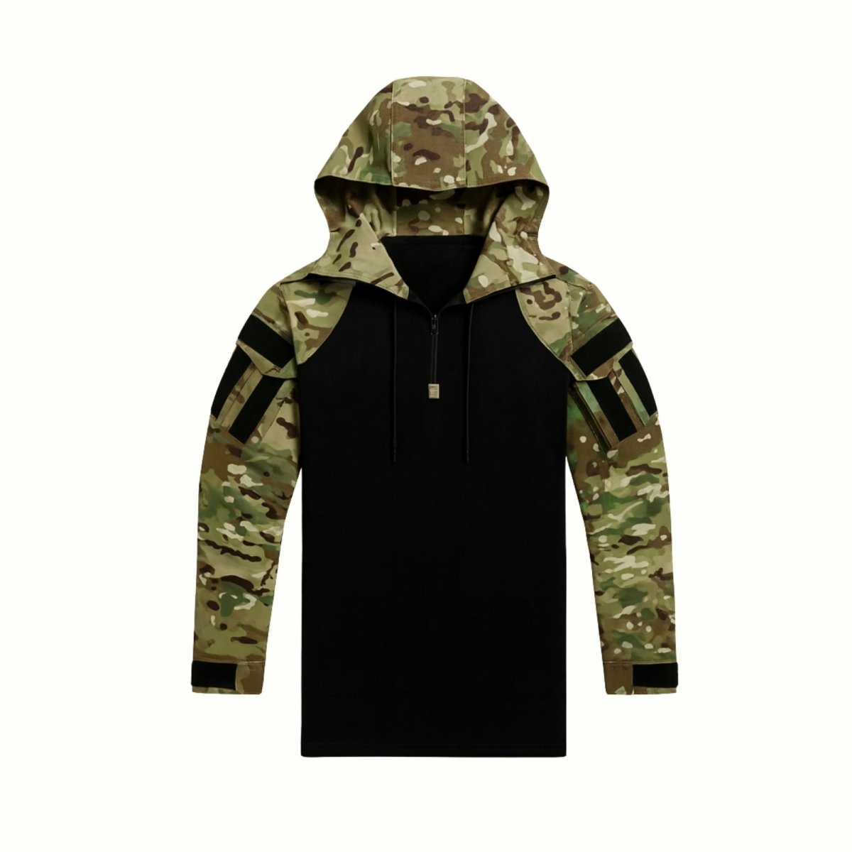 Front profile view of the Kouvr Clint tactical hoodie, highlighting the contrast between the black stretch torso and the durable multicam sleeve.