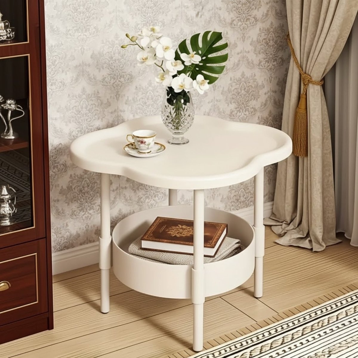 The cream Kouvr clover side table with product dimensions showing a height of 48cm and a width of 41cm for clear sizing reference.