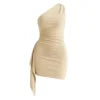 Model wearing Kouvr Fashion's Clover one-shoulder champagne satin mini dress
