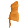 Kouvr Fashion Clover One Shoulder Draped Dress in Orange Satin Front View on Model