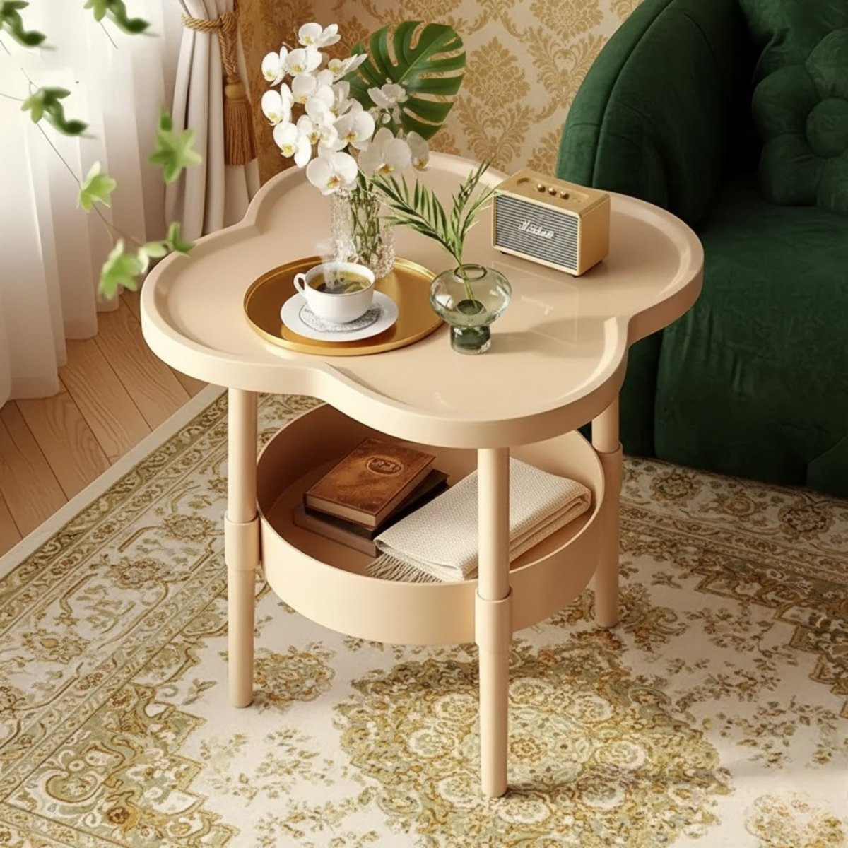The Kouvr Clover 2-Tier Accent Table in cream, styled next to a green velvet sofa with a cup of tea and a white orchid, showcasing its elegant form.

