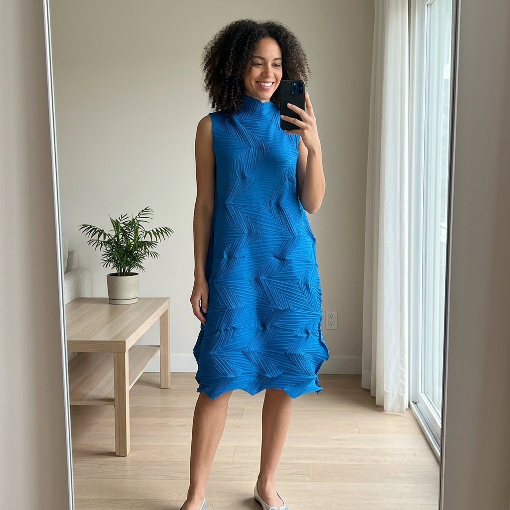 Curly haired female model taking a mirror selfie in a modern apartment wearing the Kouvr relaxed fit blue textured pleated dress.