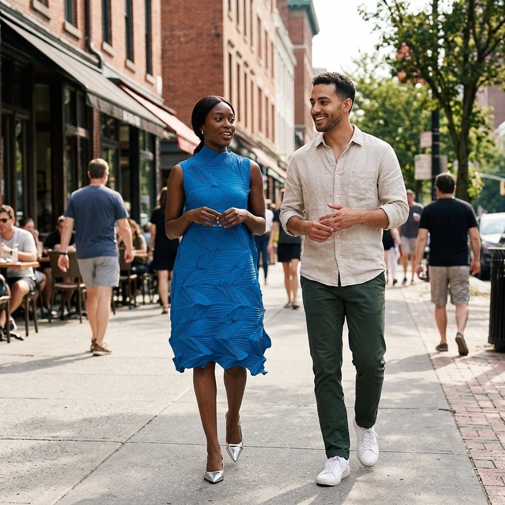 Black female model walking down a sunny city street wearing the Kouvr cobalt blue artful pleated dress alongside a male companion.