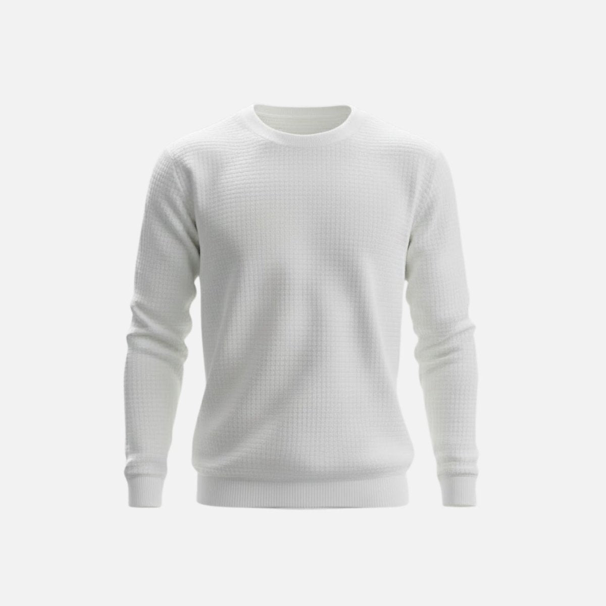 Studio shot of the Kouvr Colby textured crewneck sweater in chalk white, highlighting the waffle-knit detail.
