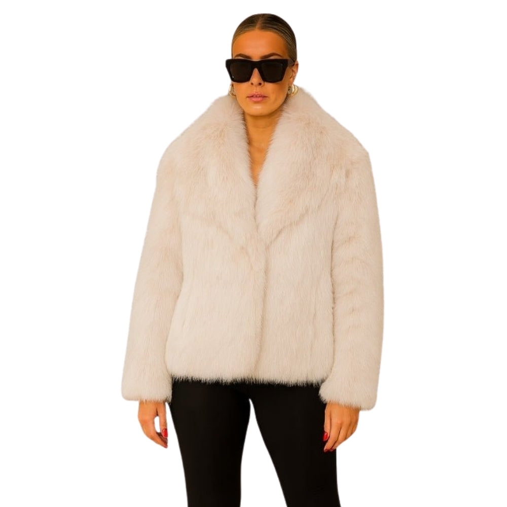  Luxury vegan fur coat
- Women's plush winter jacket
- Cream evening jacket
- Wide collar faux fur coat
- Off-white cropped outerwear 