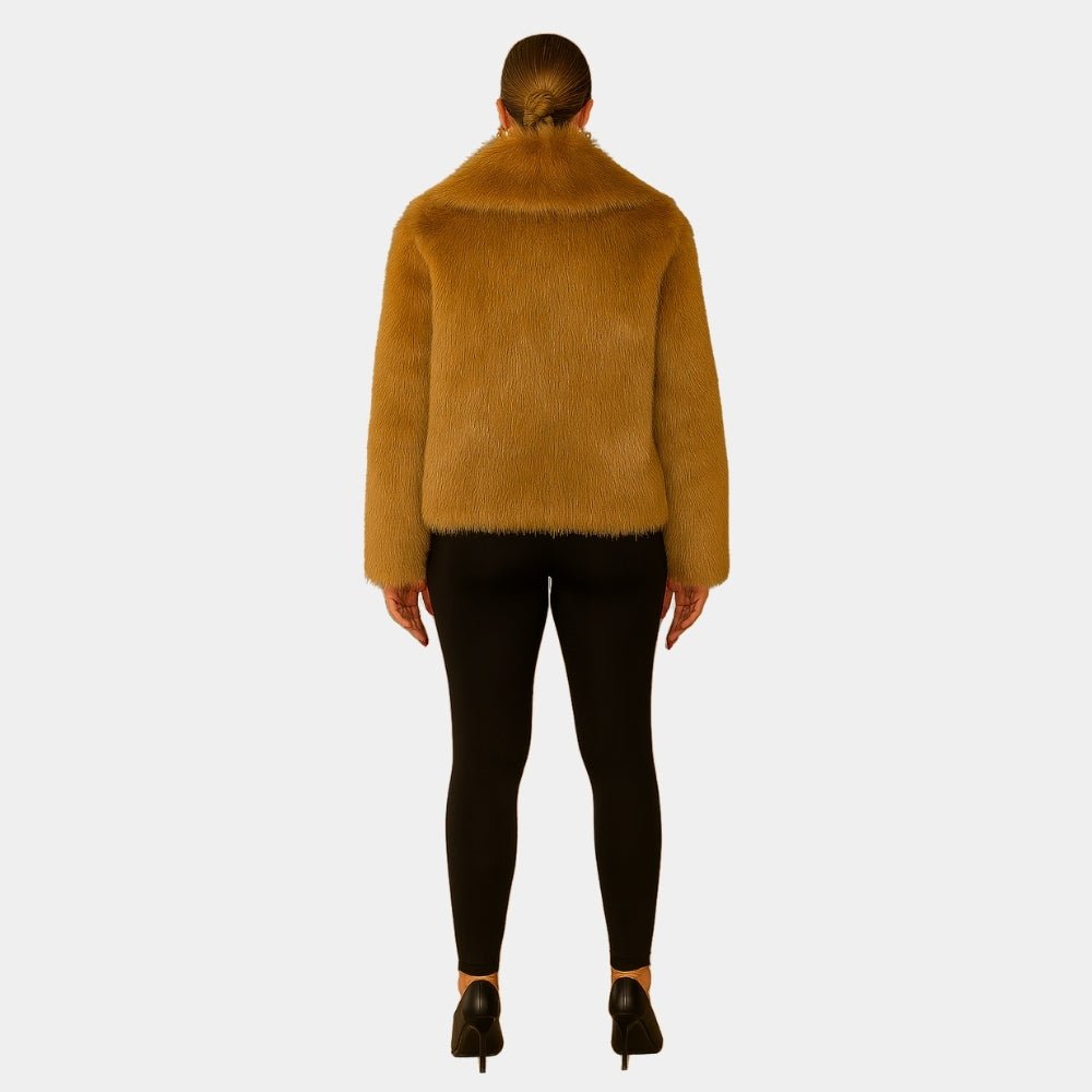 vegan mink," "plush outerwear," "shawl collar coat," "ethical luxury," and "evening jacket