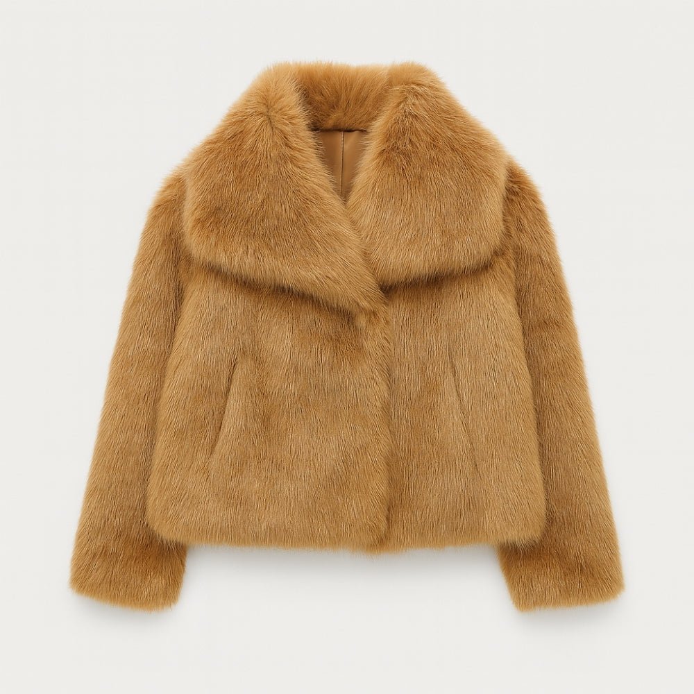 vegan mink," "plush outerwear," "shawl collar coat," "ethical luxury," and "evening jacket