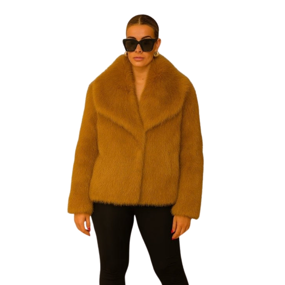 vegan mink," "plush outerwear," "shawl collar coat," "ethical luxury," and "evening jacket