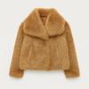 vegan mink," "plush outerwear," "shawl collar coat," "ethical luxury," and "evening jacket