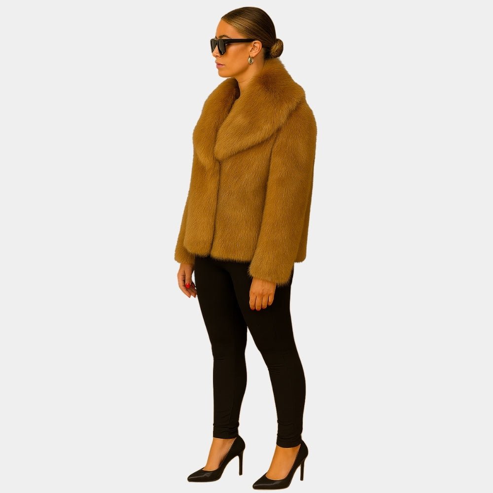 vegan mink," "plush outerwear," "shawl collar coat," "ethical luxury," and "evening jacket