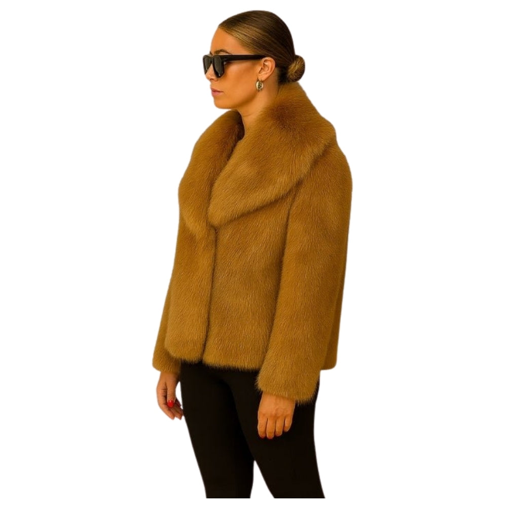 vegan mink," "plush outerwear," "shawl collar coat," "ethical luxury," and "evening jacket