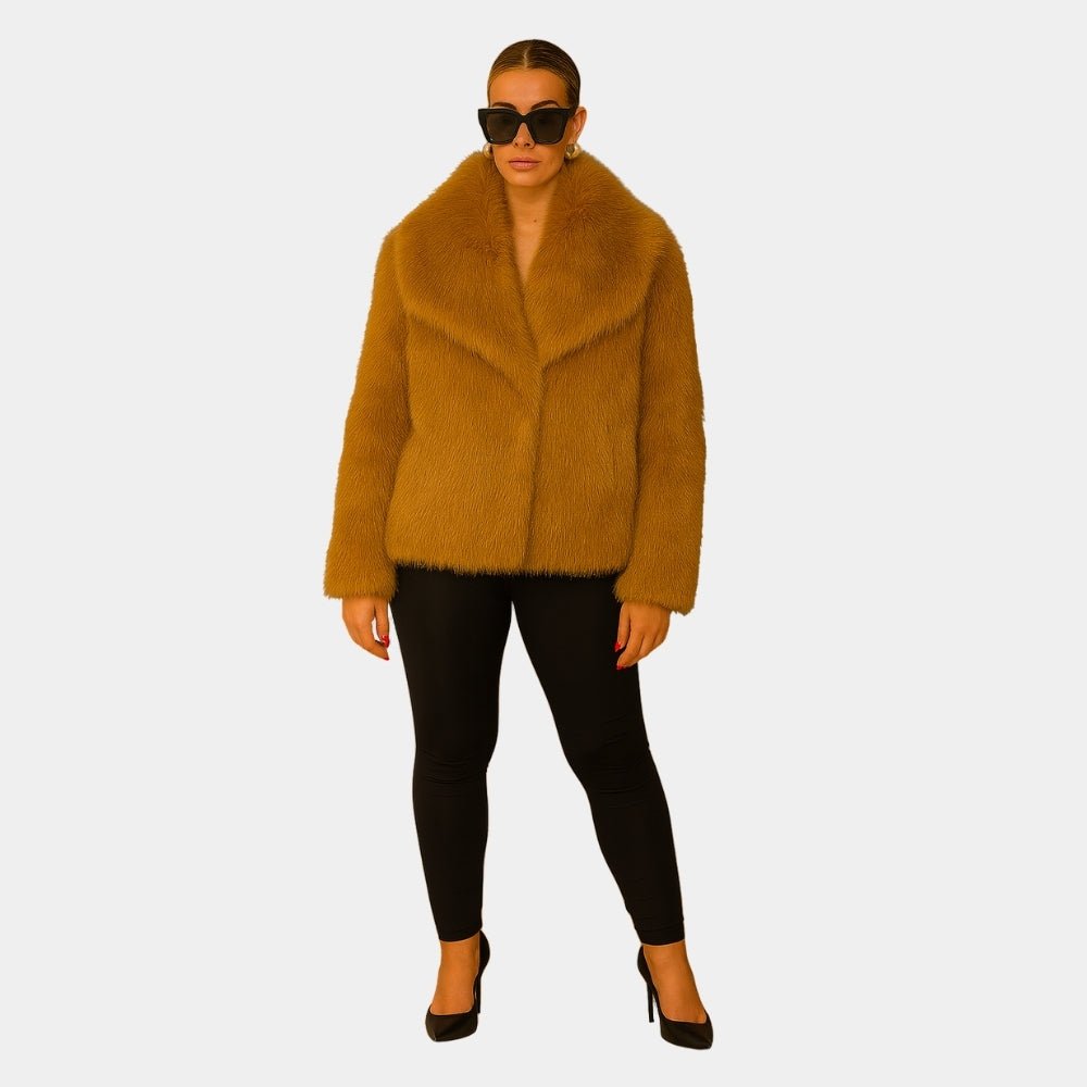 vegan mink," "plush outerwear," "shawl collar coat," "ethical luxury," and "evening jacket