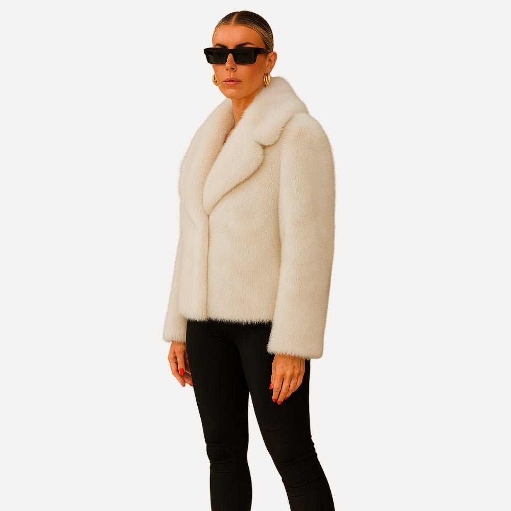 quiet luxury outerwear, minimalist winter jacket, cropped evening coat, wedding guest jacket, what to wear over a formal dress, ethical fur coat, faux mink jacket