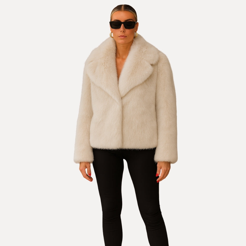 quiet luxury outerwear, minimalist winter jacket, cropped evening coat, wedding guest jacket, what to wear over a formal dress, ethical fur coat, faux mink jacket