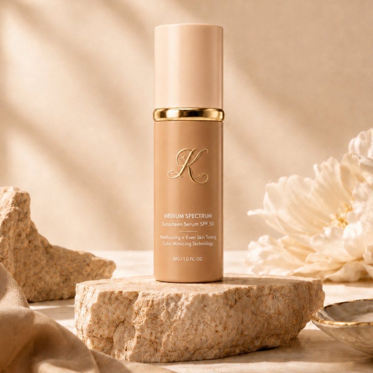 Kouvr medium spectrum sunscreen serum and color mimicking foundation bottle on a luxury marble pedestal.