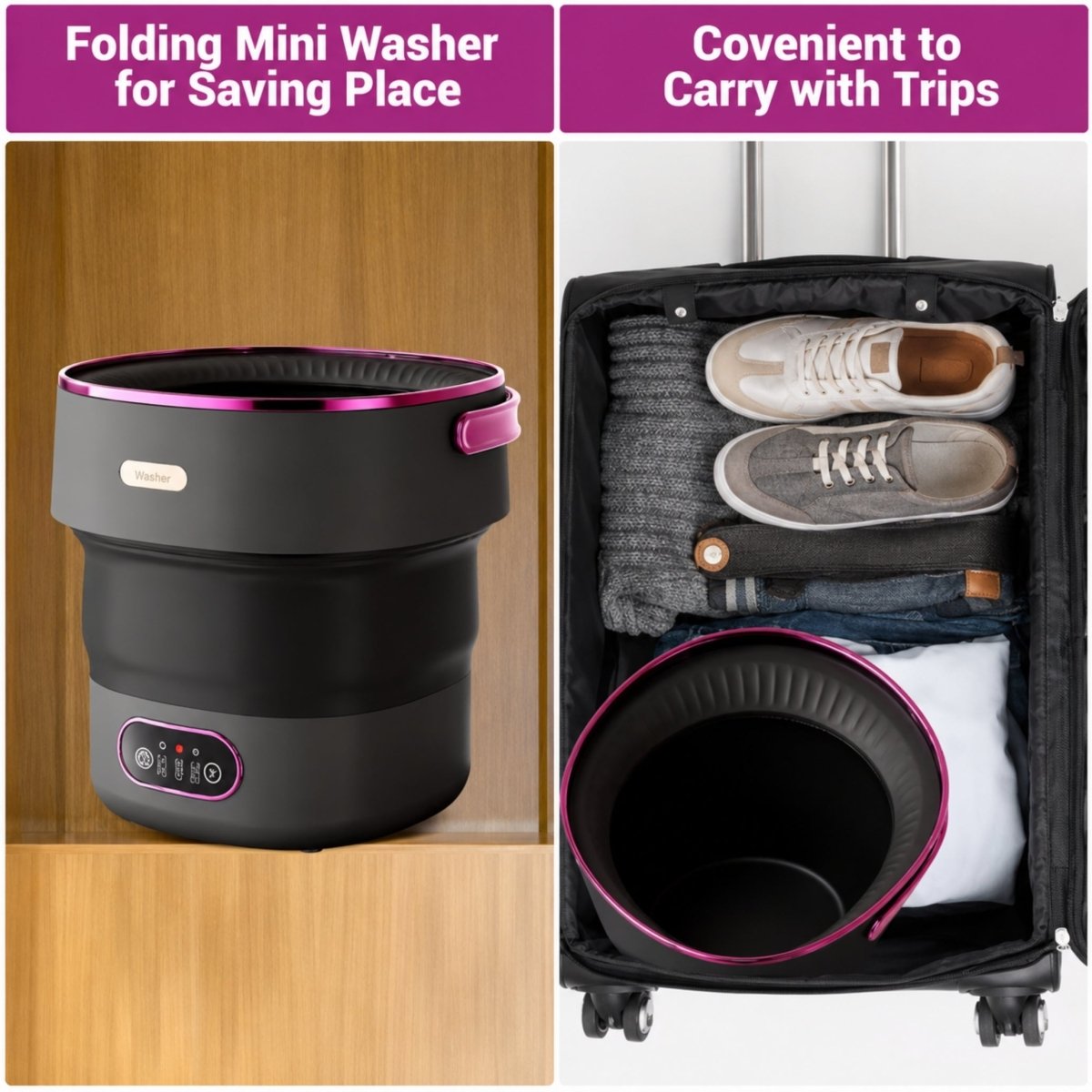 Top-down view of the Kouvr portable washing machine demonstrating its powerful, high-efficiency vortex cleaning modes for various delicate materials.