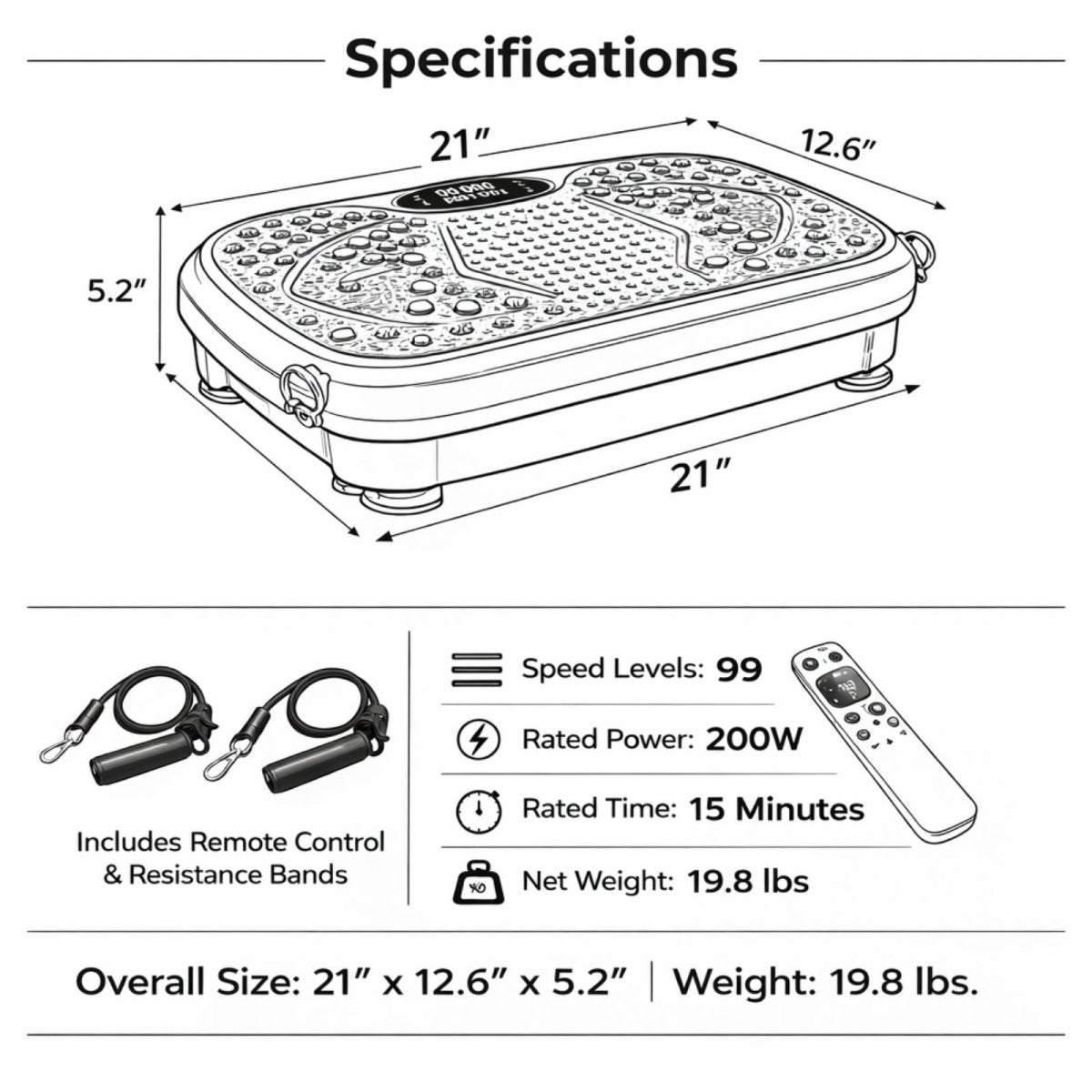 Dimensions of the Kouvr vibration plate showing compact 5.2 inch height and 21 inch width, perfect for under-sofa storage.