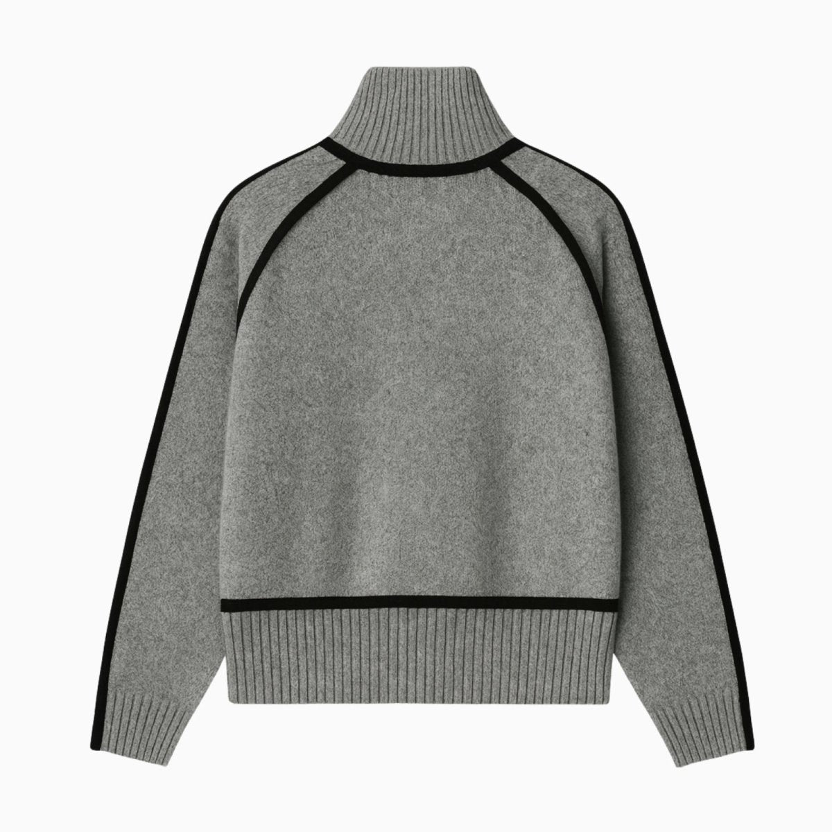 Product flatlay showing the back of a gray cashmere blend sweater with black piping along the raglan sleeves.