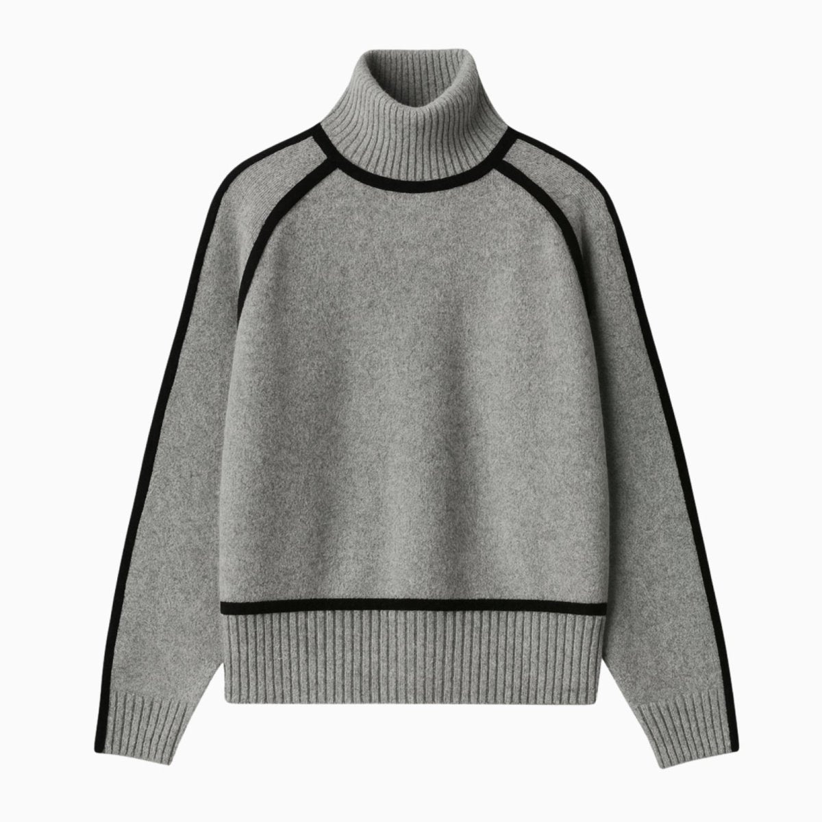 Flatlay of a gray turtleneck sweater with black piping detail, showing the ribbed hem and cuffs.