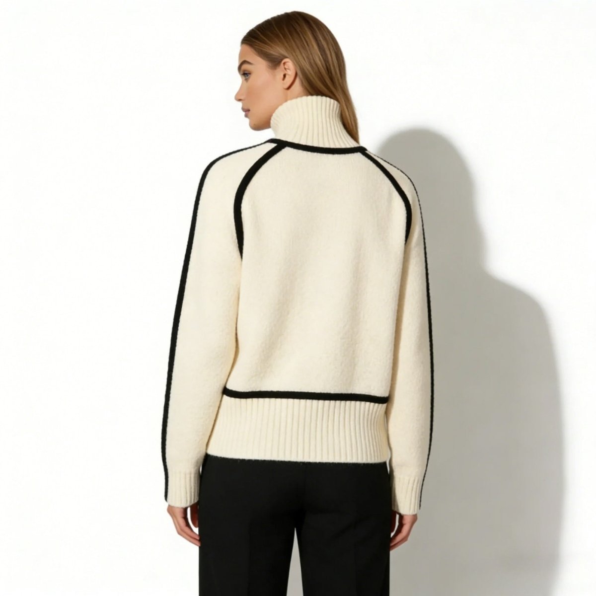 Back view of the Kouvr artisan trim turtleneck sweater in off-white, highlighting the clean lines of the raglan sleeves.