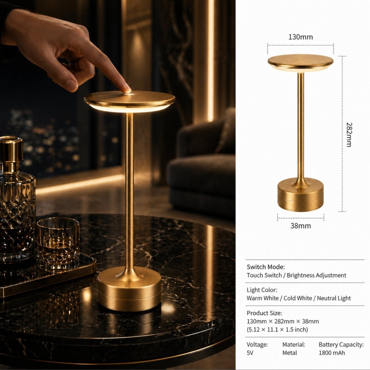 Kouvr luxury cordless metal table lamps illuminating a table in gold with dimensions