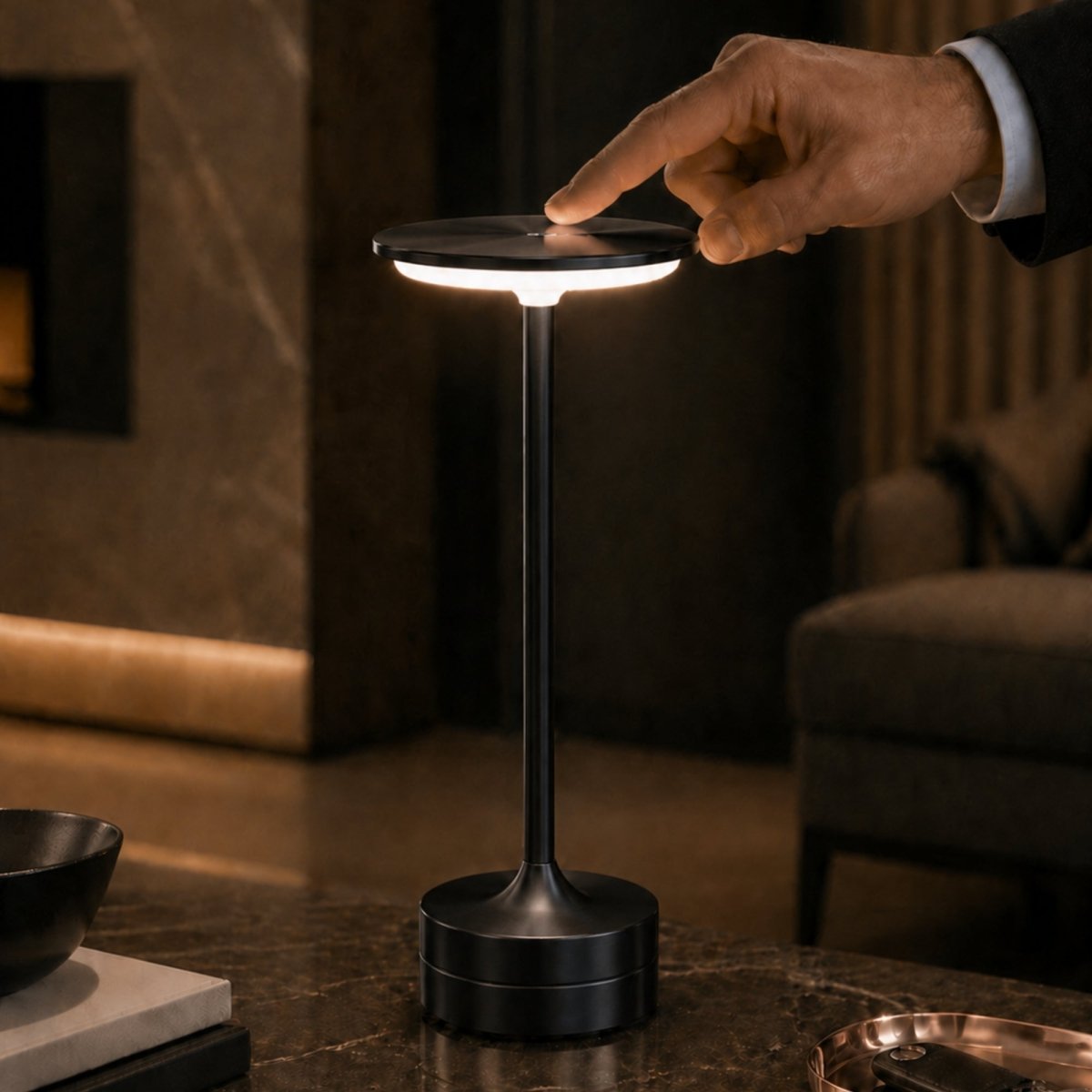 Kouvr luxury cordless metal table lamps illuminating a table in black
