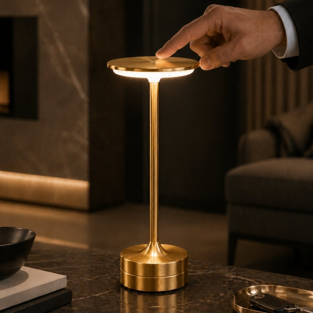 Kouvr luxury cordless metal table lamps illuminating a table in gold