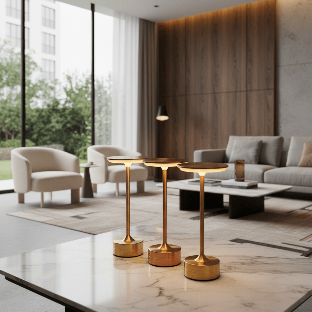 Three Kouvr luxury cordless metal table lamps illuminating a table in gold, rose gold, and black finishes.
