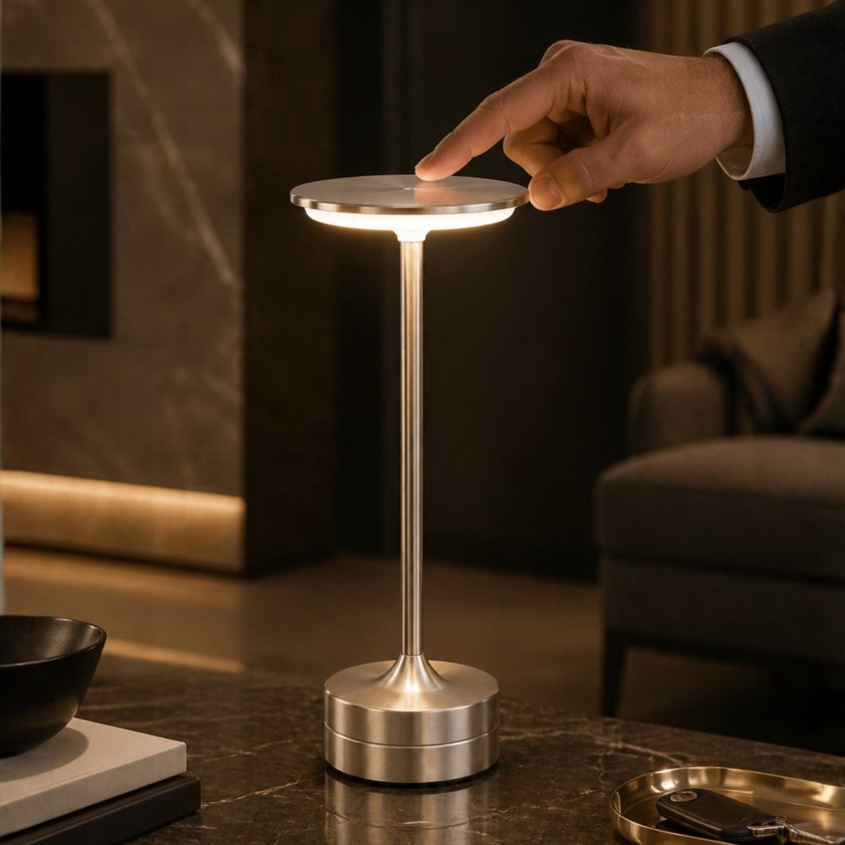Kouvr luxury cordless metal table lamps illuminating a table in silver