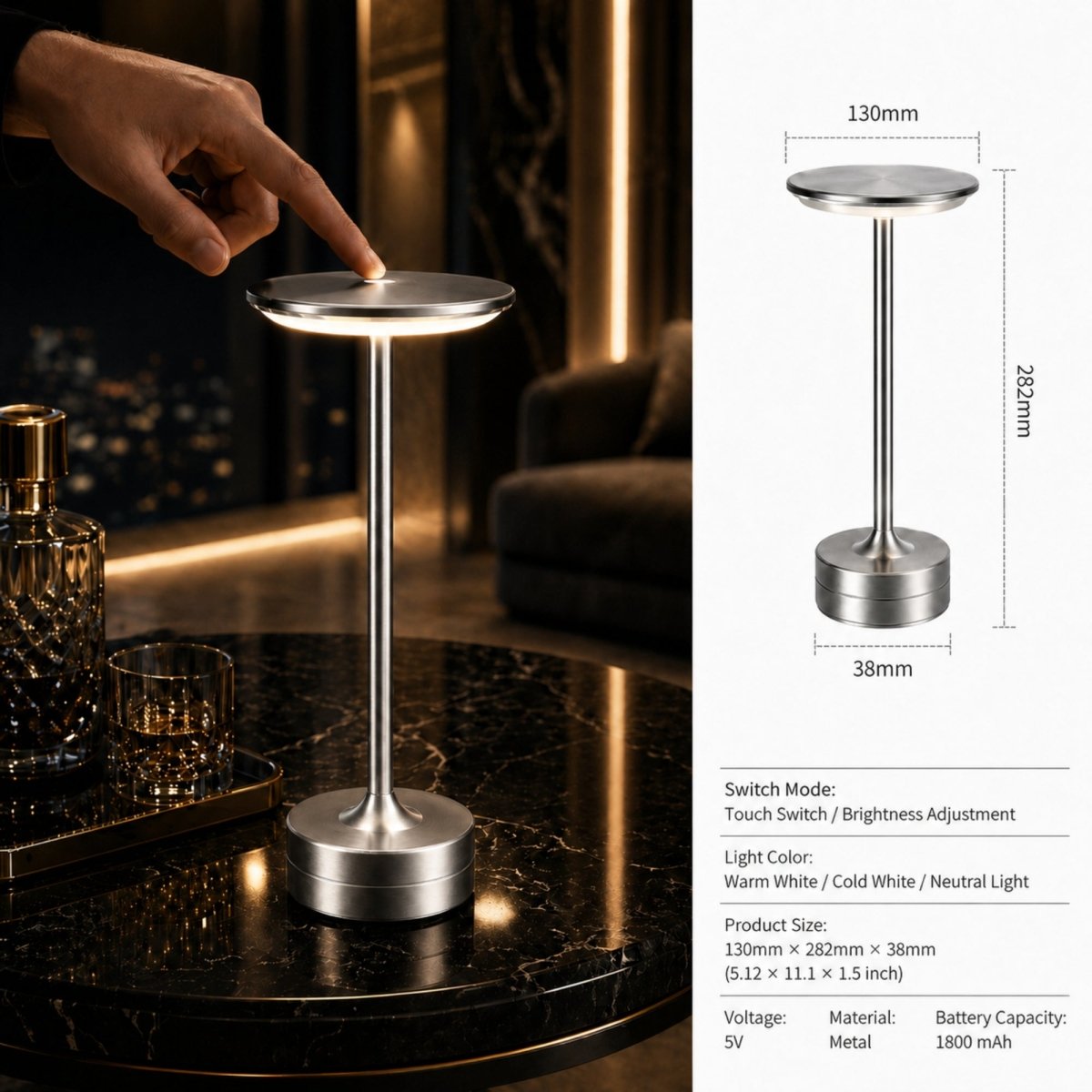 Kouvr luxury cordless metal table lamps illuminating a table in silver with dimensions