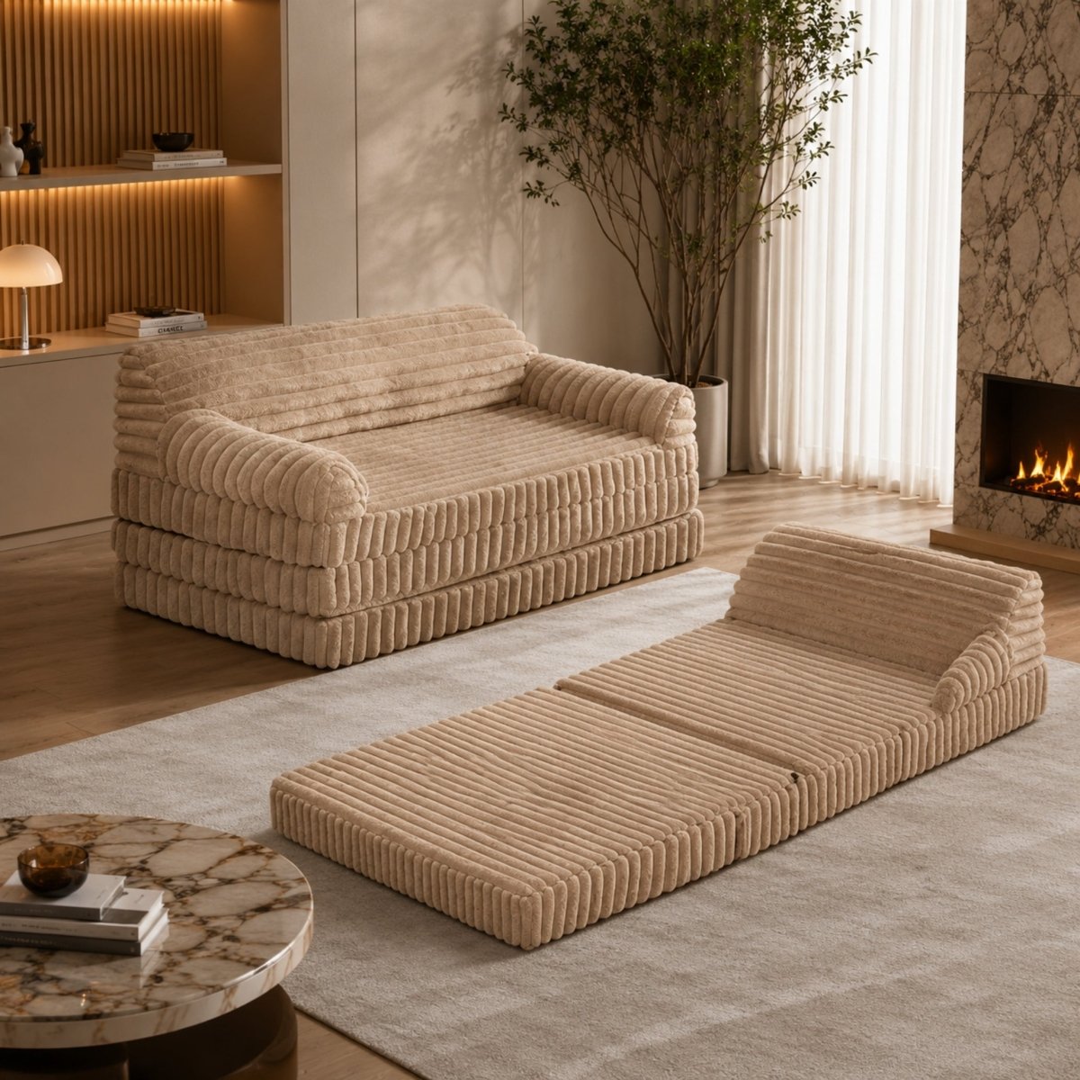 Kouvr beige corduroy fold out floor sofa converted into a bed in a modern minimalist living room setting.