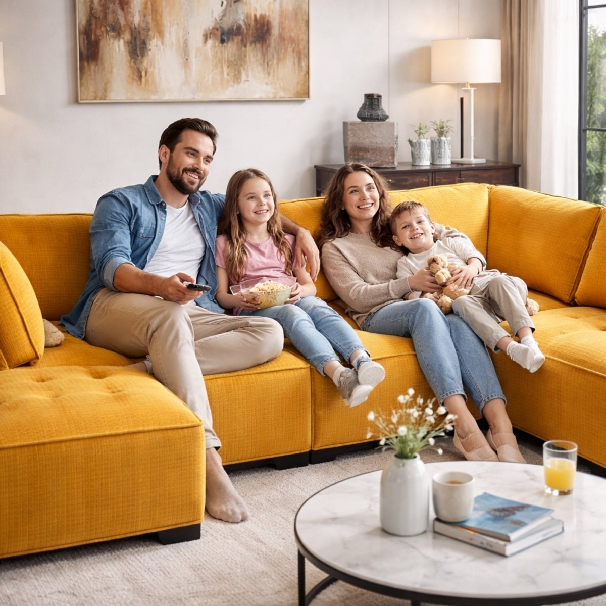 Family of four lounging comfortably on the yellow Kouvr corduroy sectional, demonstrating the spacious seating and family-friendly durability.
 