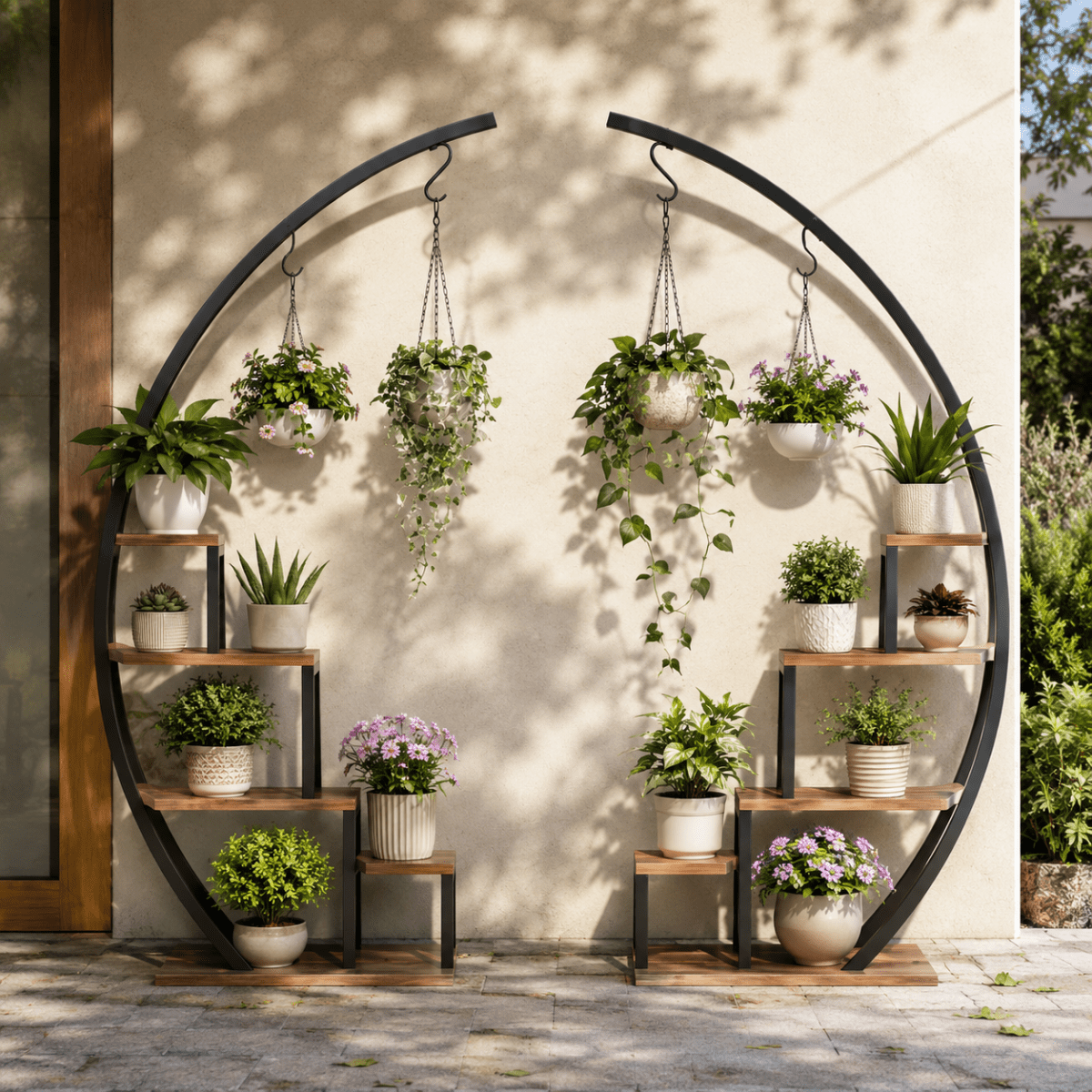 Close up detailed view showcasing the sturdy curved steel frame, heavy-duty hanging canopy hooks, and thick rustic wood shelves of a premium multi-tier plant stand.